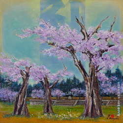 日下常由、【古代多賀城政庁の桜】、希少画集画より、状態良好、新品高級額装付 日下常由、【古代多賀城政庁の桜】、希少画集画より、状態良好
